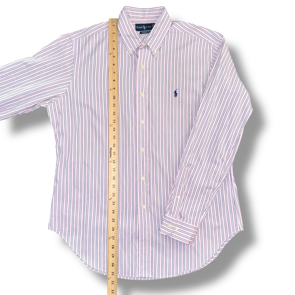 Ralph Lauren Classic Fit Men's‎ L 16 34/35 Pink Blue Stripe Button Down Shirt - Picture 3 of 6